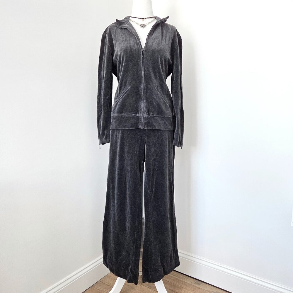 Y2K Velour Tracksuit Set Medium Charcoal Gray Zip Jacket Pants Travel Lounge Vtg